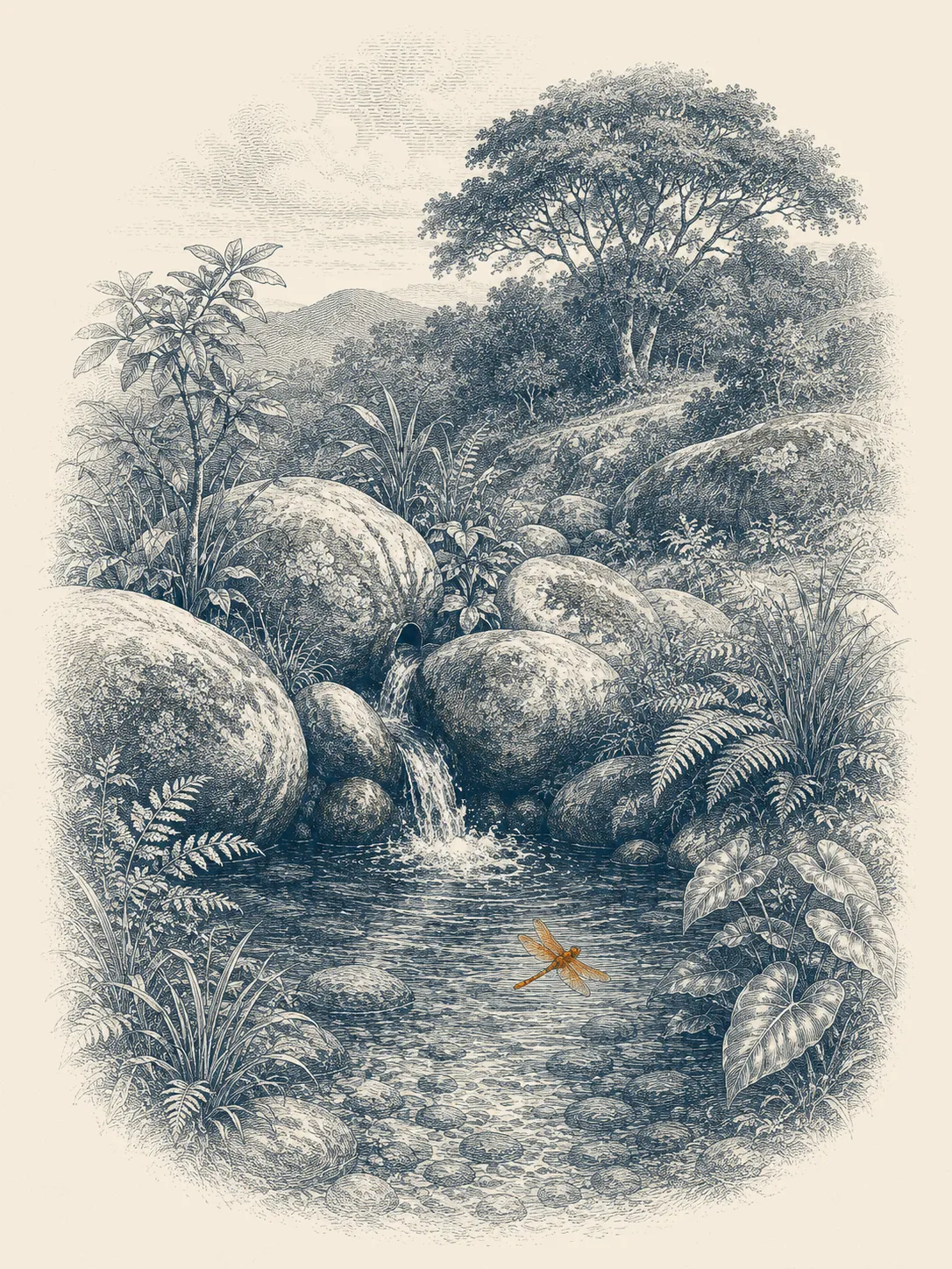 Gravura de uma nascente de água limpa brotando entre pedras moledo, com samambaias e mata nativa ao redor; uma libélula âmbar paira sobre o poço