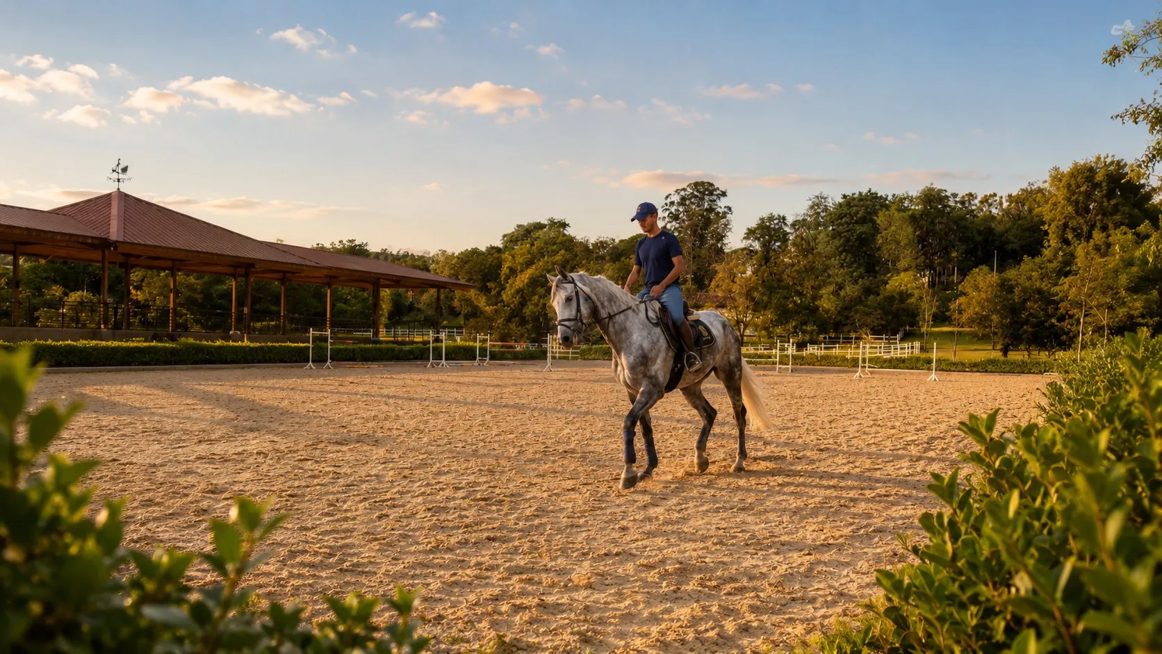 Cavaleiro num cavalo tordilho na pista de areia do centro equestre, no fim da tarde