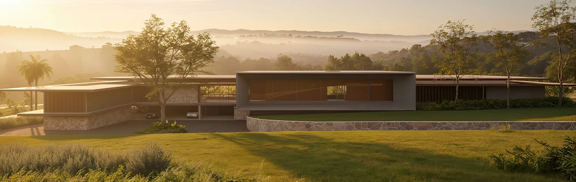A mesma casa ao amanhecer, com névoa baixa sobre o gramado e a serra ao fundo