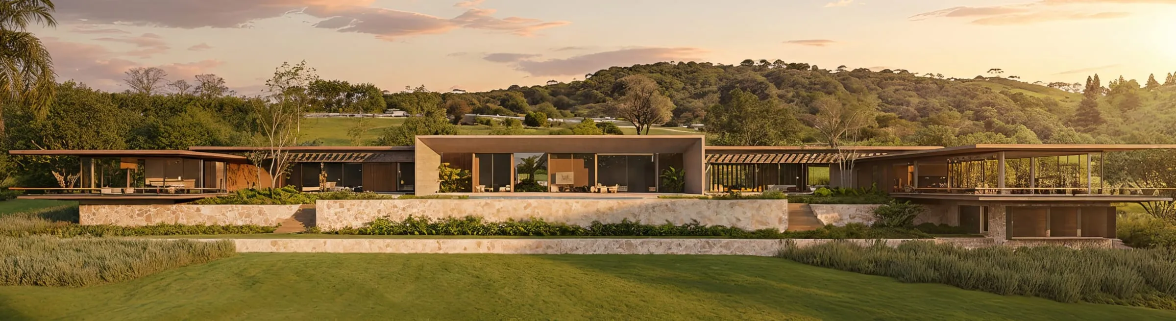 Casa contemporânea ao entardecer, alongada sobre um embasamento de pedra, com o vale e a mata ao fundo