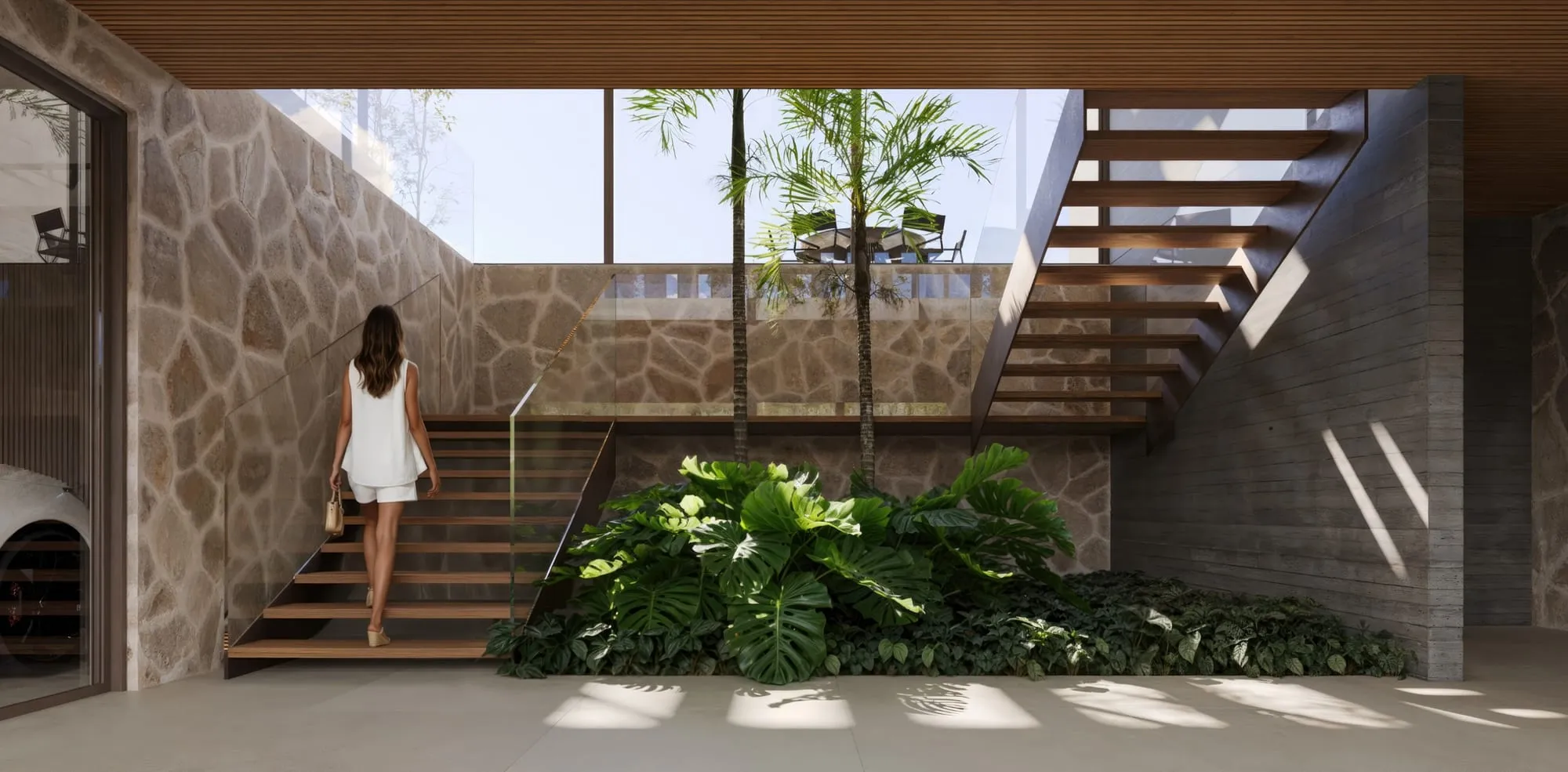 Escada de madeira sobre base de pedra em um pátio interno da casa, com vegetação junto aos degraus