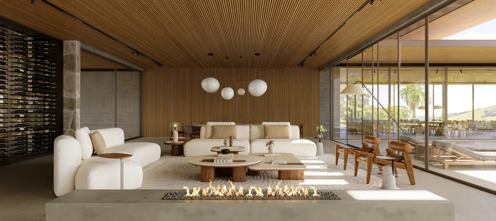 O living da casa: forro de madeira ripada, estar aberto para o terraço e mesa de jantar ao fundo