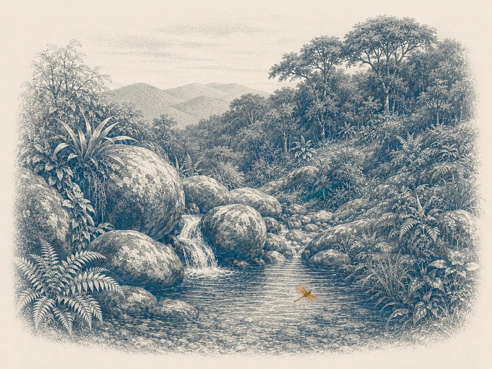 Gravura de uma nascente correndo entre matacões de pedra dentro da mata do vale, com uma libélula âmbar sobre a água.