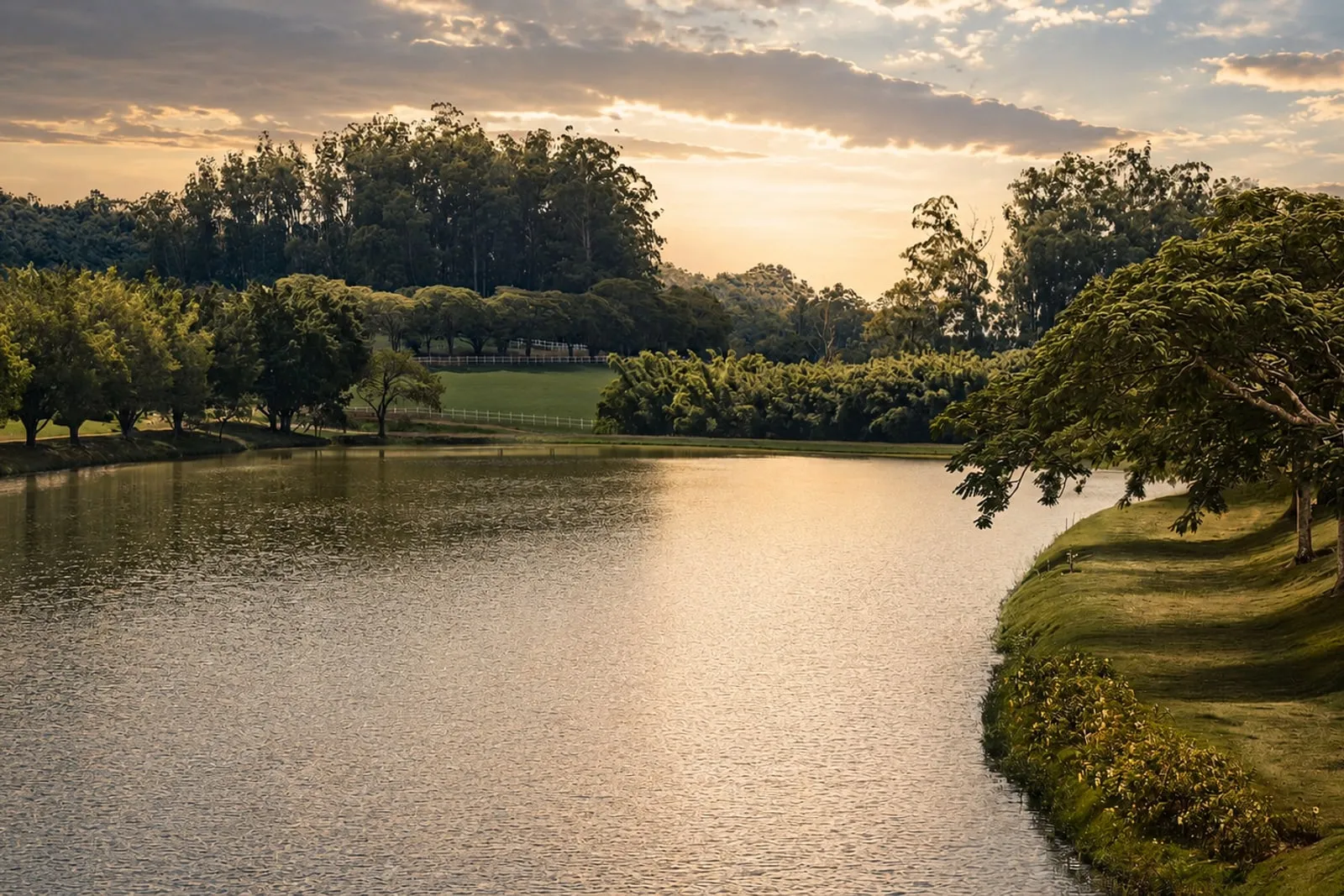 A represa dentro da propriedade do Haras La Estancia ao fim da tarde, com a mata e a cerca branca na outra margem.